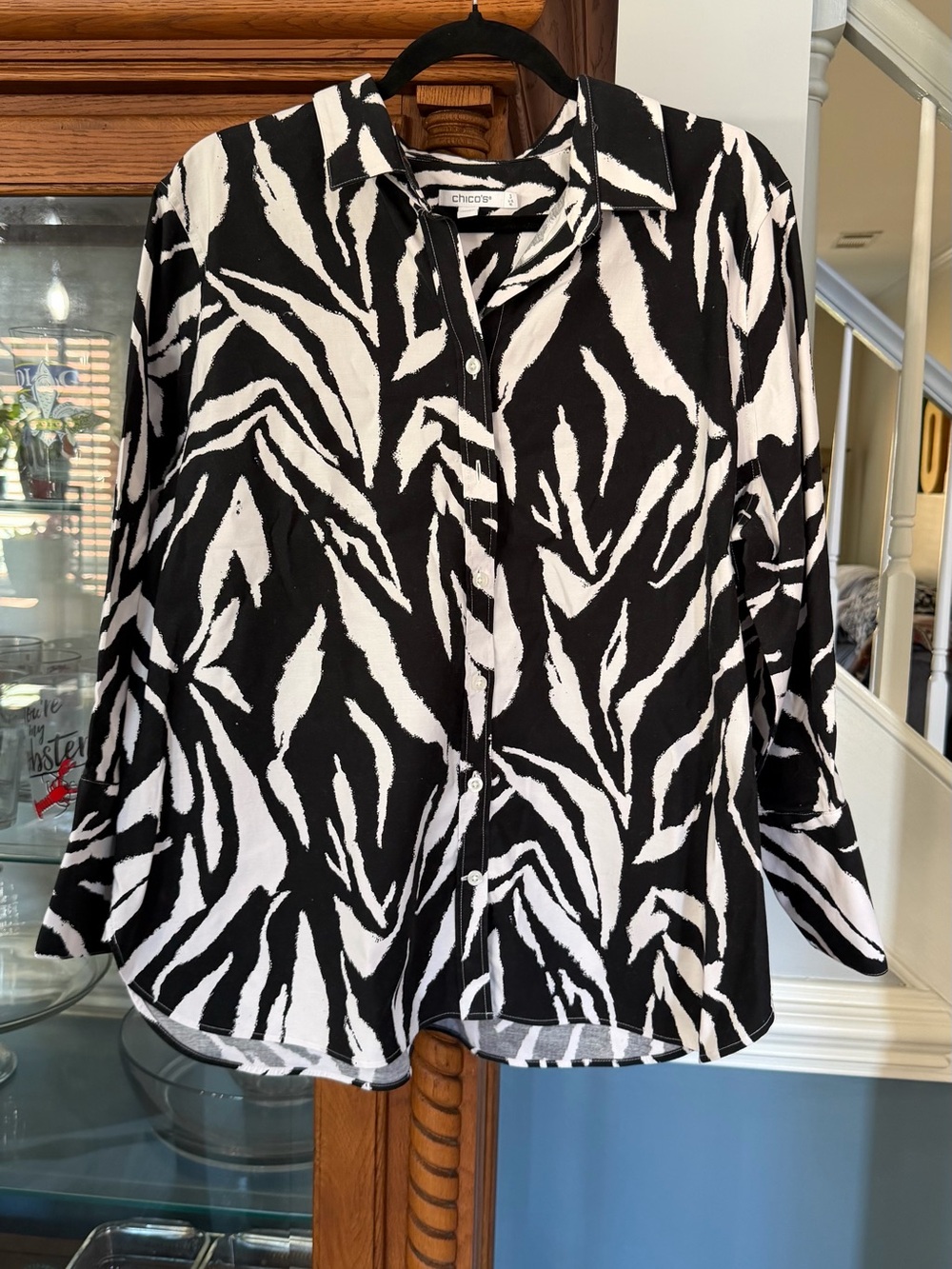 Chico's Black & White Zebra-Stripe Button Down Top